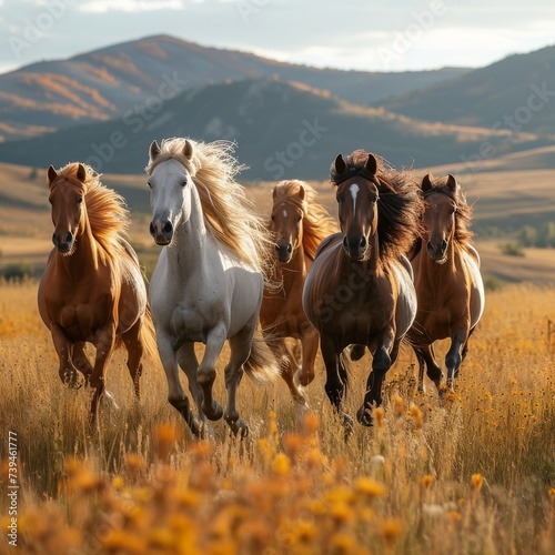 A group of wild horses galloping across an open field, their flowing manes and tails creating a sense of freedom and untamed beauty 