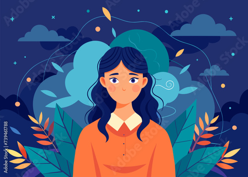Woman in PTSD, depression, anxiety and Mental Health problem vector illustration in abstract background