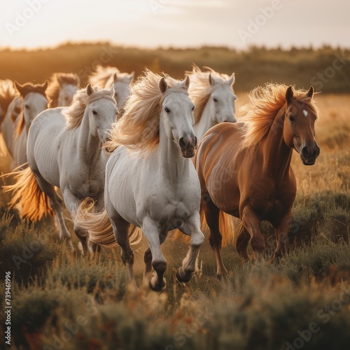 A group of wild horses galloping across an open field  their flowing manes and tails creating a sense of freedom and untamed beauty 
