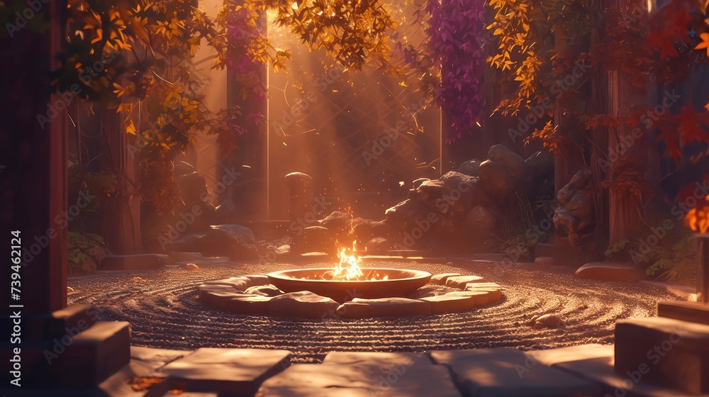 Zen Garden with Fire Pit, Warm Glow on Cool Evening, fantasy scenery. digital artwork. fantasy illustration