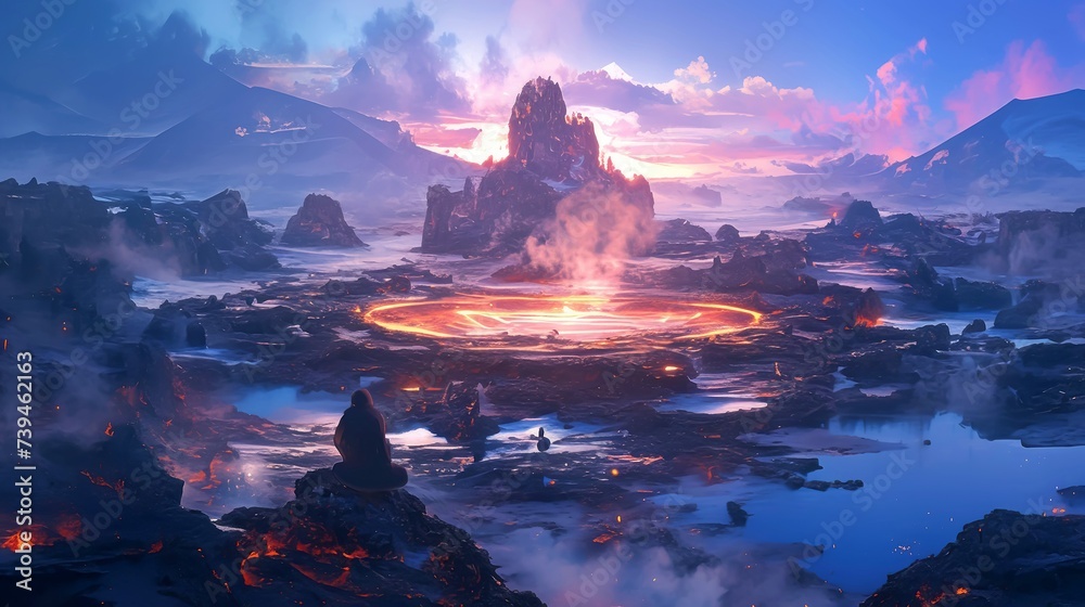 Zen Garden in Volcanic Landscape with Black Sand and Steam, fantasy scenery. digital artwork. fantasy illustration