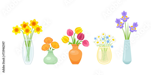 Bouquets of flowers in different vases. Set of vector cartoon flat illustrations.