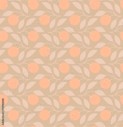 Neutral vintage botanical vector pattern with peaches on branches. Floral seamless design in neutral colors like beige and peach. Retro style pattern with hand drawn peaches. © Moab Republic