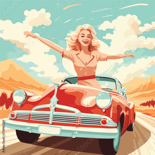 Riding on the Car. Happy Blond Woman vector illus