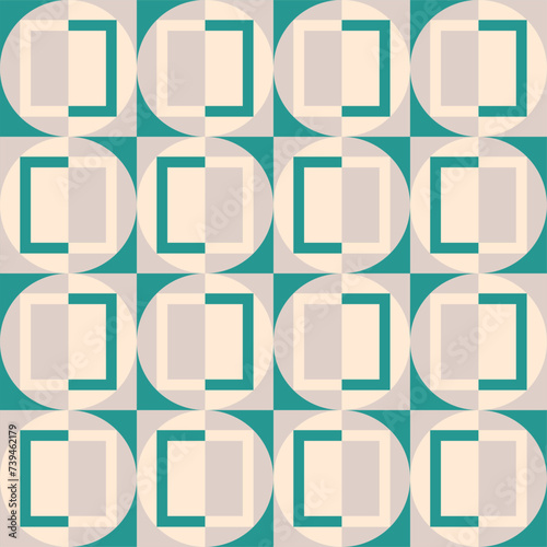 Mid century modern seamless pattern design with geometric shapes. Green teal, gray and beige mod design.