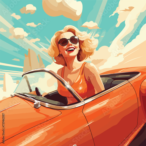 Riding on the Car. Happy Blond Woman vector illus © iclute3