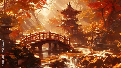 Zen Garden with Bridge, Stream, and Secluded Pagoda, surrounded by autumnal maple trees.