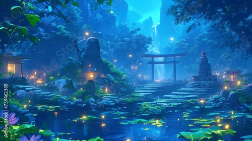 Zen Garden at Night, Illuminated by Fireflies, with a gently flowing waterfall and a pond full of lily pads. , fantasy scenery. digital artwork. fantasy illustration