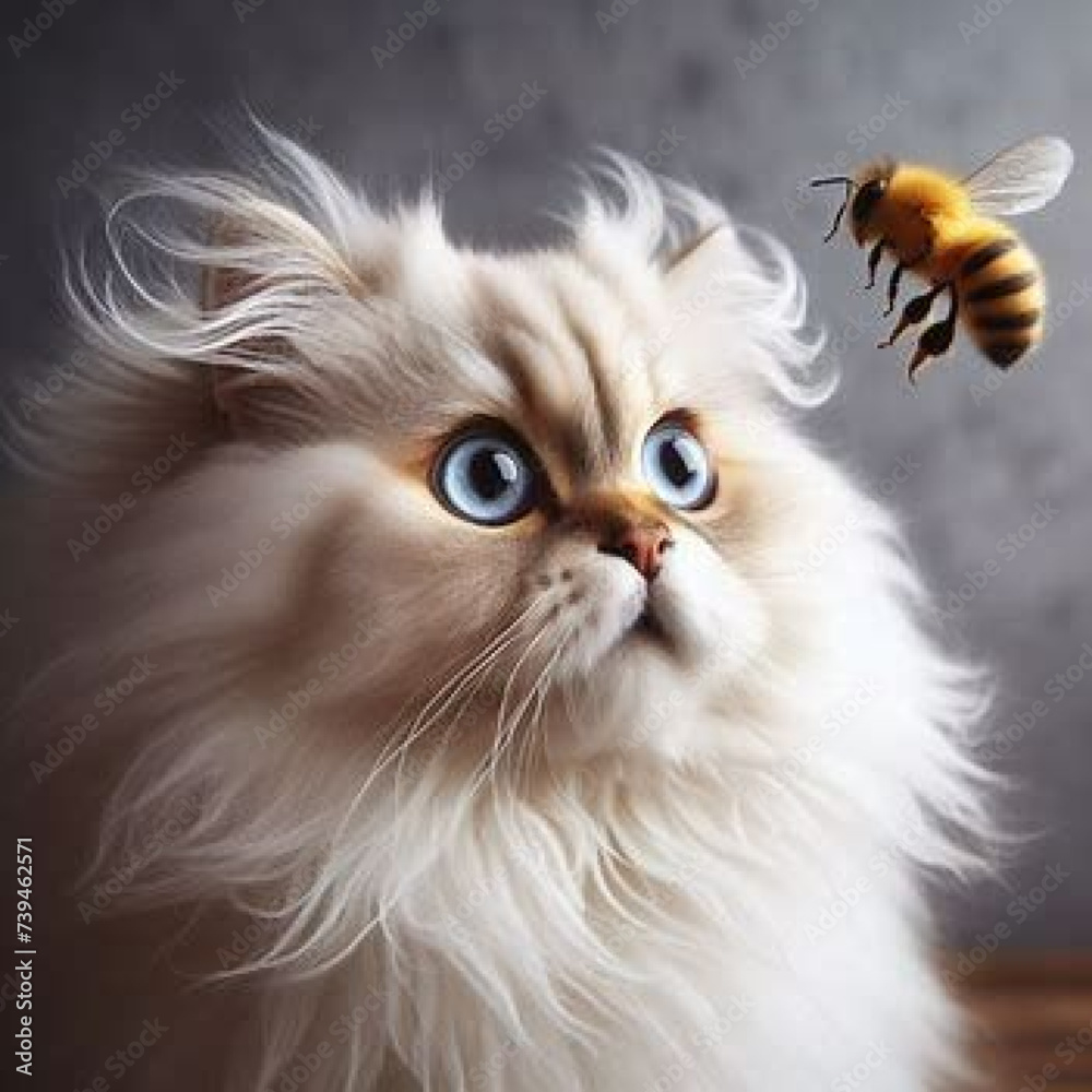 Fluffy white cat with big blue eyes looking surprised at a nearby flying bee, creating a charming scene.
