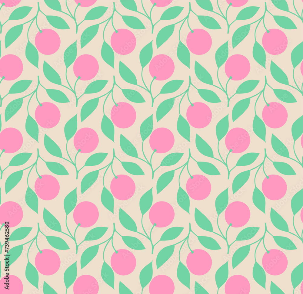 Retro Seamless Pattern With Fruit On Branch Motifs. Pink Round Fruit With Mint Green Leaves In A Seamless Repeat Print.