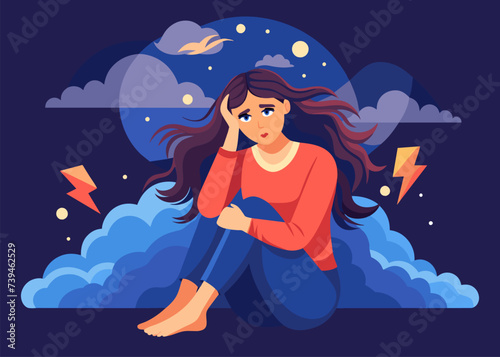 Woman in PTSD, depression, anxiety and Mental Health problem vector illustration in abstract background