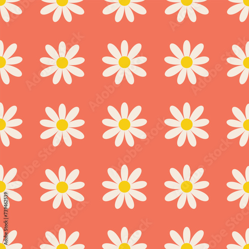 Retro white daisy seamless pattern design. Floral vector pattern with repeating daisy like flowers on bright orange background.