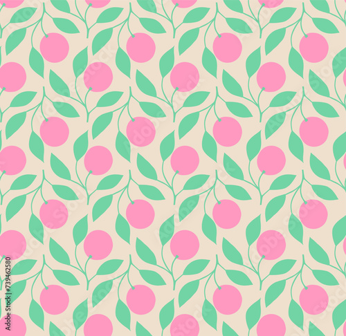 Retro Seamless Pattern With Fruit On Branch Motifs. Pink Round Fruit With Mint Green Leaves In A Seamless Repeat Print.