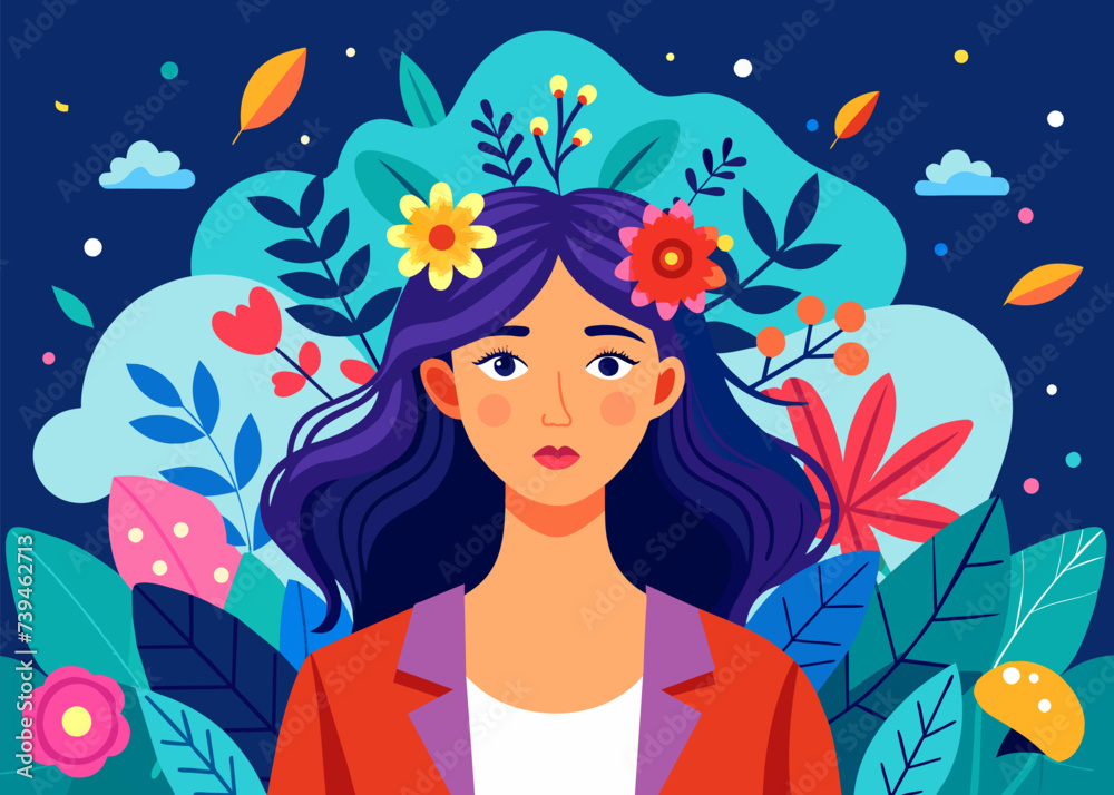 Woman with flower illustration in the background, good mental health lifestyle and selfcare vector Woman with flower illustration in the background, good mental health lifestyle and selfcare vector