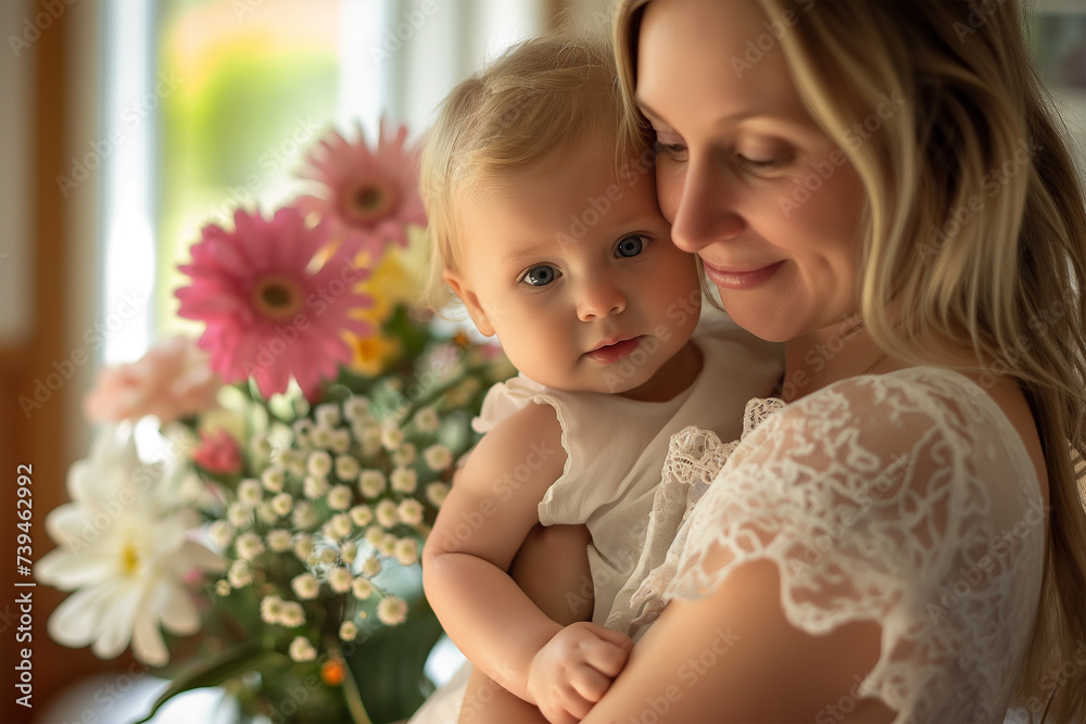loving mother cuddling baby, beige and white, family portraits loving mother cuddling baby, beige and white, family portraits