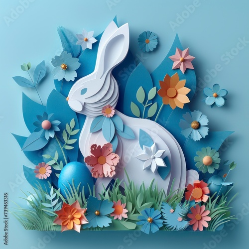 3d abstract paper cut illustration of colorful paper art easter rabbit, grass, flowers