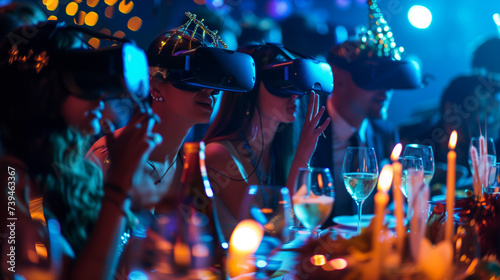 Birthday party representing the future with guests wearing virtual reality glasses