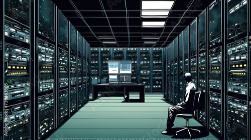 A darkened server room with rows of humming machines, with a lone figure sitting in front of a console, orchestrating a cyber intrusion. photo