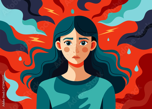 woman in PTSD, sad and unhappy young woman in depression sitting on her knees, lonely girl with flying hair, sorrow, sadness, mental health concept, female character vector flat illustration