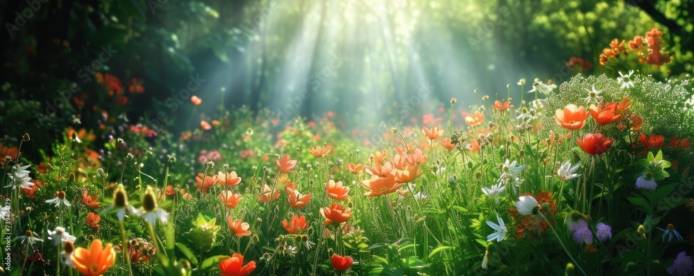 The blooming flowers banner. surrounded by green nature and shining sun. - obrazy, fototapety, plakaty 