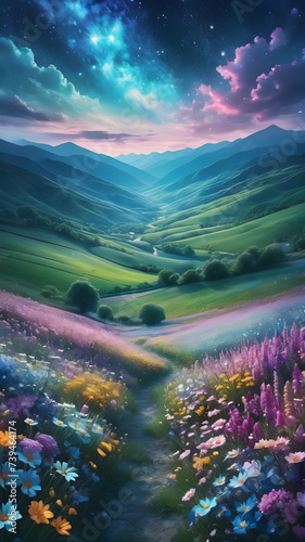 landscape Wide valley with a field of flowers, background 