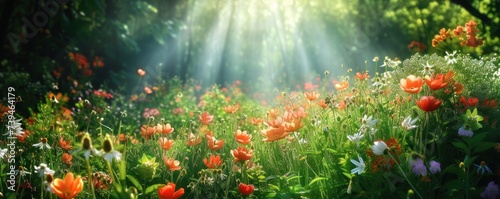 The blooming flowers banner. surrounded by green nature and shining sun. photo