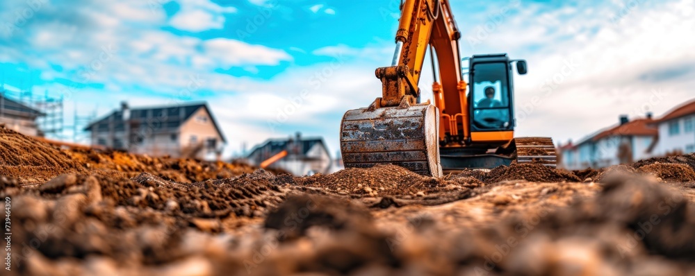 Huge excavator digging base or foundations for buildings