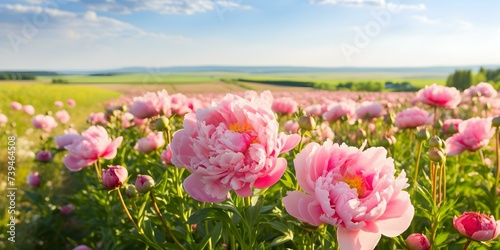 Bouquet of pink peonies amidst a picturesque field under a serene sky. Concept Floral Arrangement, Nature Photography, Outdoor Scenery, Relaxing Atmosphere, Botanical Beauty photo