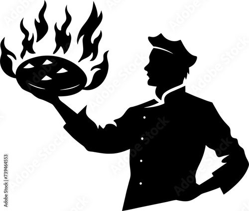 person with a frying pan. silhouette of masterpice chief cooking with fair, black filled vector Illustration