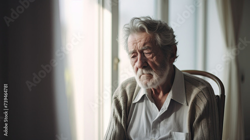elderly senior male or depressed grandpa at nursing home living room on quarantine looking out window feeling sad
