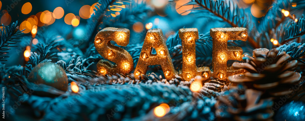 Sparkling holiday sale concept with glittery letters on a festive blue backdrop, surrounded by Christmas tree branches and twinkling lights - obrazy, fototapety, plakaty 
