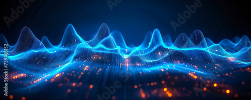 Futuristic blue sound wave visualization depicting an equalizer's dynamic rhythm, perfect for representing voice recognition and audio technology concepts photo
