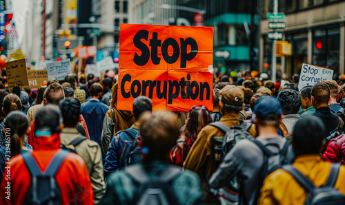 Crowd of protesters with a bold Stop Corruption sign, rallying on urban streets for political integrity, governance reform, and anti corruption movements photo