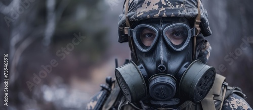 Brave soldier with gas mask standing in smoke, ready for battle in toxic environment