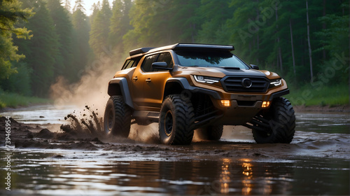 Modern off road vehicle driving trough river in the forest, auto adventure concept, automotive background, action wallpaper