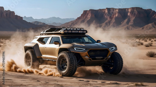 Modern off road vehicle driving trough desert and sand dunes, auto adventure concept, automotive background, action wallpaper