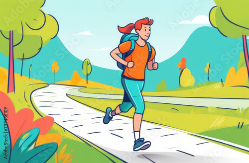 Young woman rucking,  jogging in park.  illustration in cartoon style.