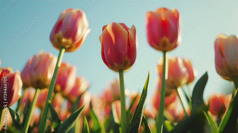 close up of flower field with orange and red tulips under blue sky pictured from below

