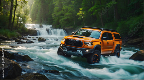 Modern off road vehicle driving trough river in the forest, auto adventure concept, automotive background, action wallpaper © Karlo