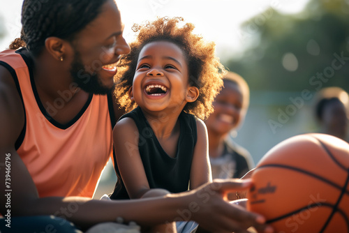 
smiling african american kid playing basketball with her mom and dad on the basketball court stock photo, in the style of uhd image, energetic photo