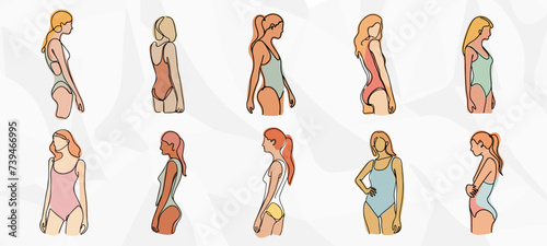 Anonyme Frauen in Schwimmanzügen: Minimalistische Lineart-Vektorgrafik-Bundle