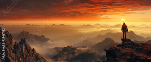 Panoramic View of A Traveller Standing over a Mountain Autumn Landscape Valley During Sunset 
