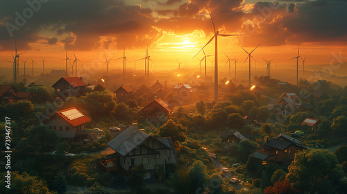 Alternative electricity sources, wind turbines integrated into a village with houses, during golden hour, presenting a a greener future photo