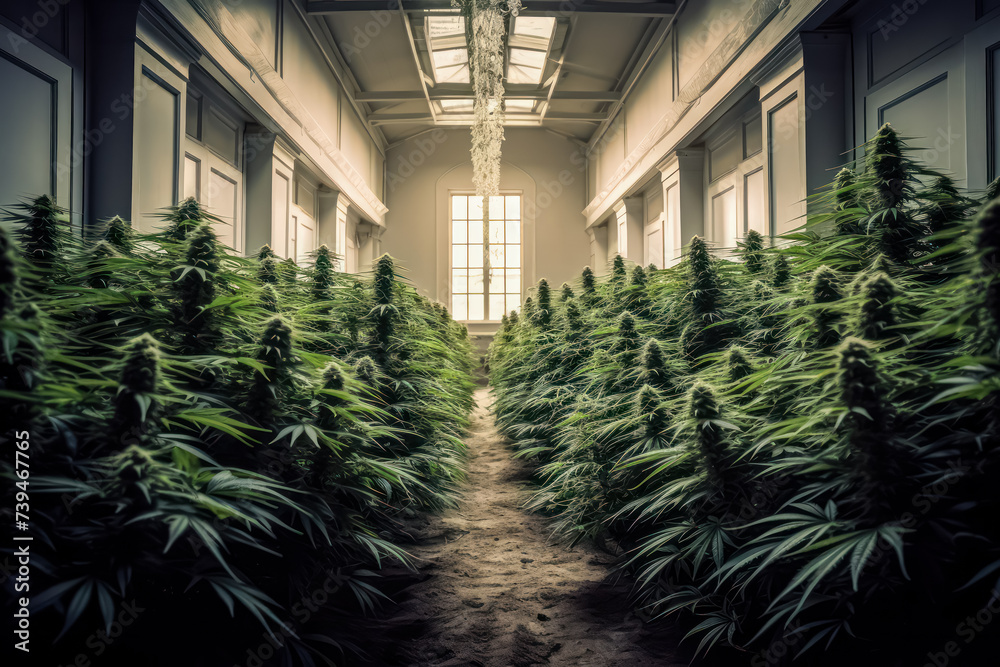 Cannabis marijuana science lab farming focused on increasing THC and CBD chemicals in cannabis flowers. Greenhouse ensures controlled environment for medical industry standards.