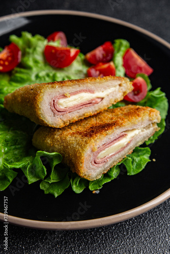 cutlet cordon bleu chicken meat, ham slice, cheese fresh food tasty eating cooking appetizer meal food snack on the table copy space food background © Alesia Berlezova