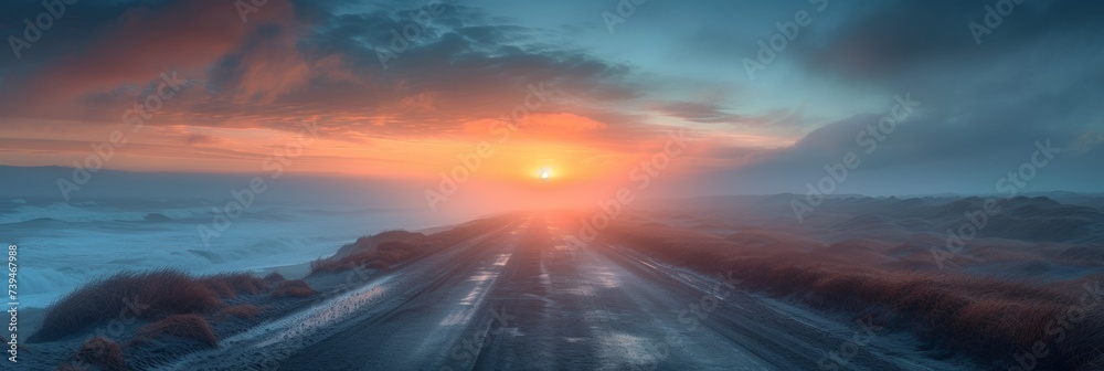 A highway stretches toward the sky, enveloped in the dramatic hues of sunrise and mist.