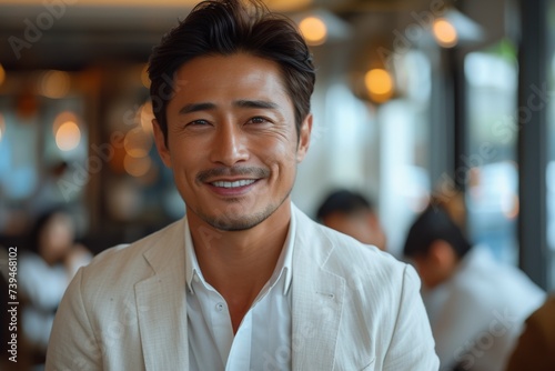 Confident Chinese manager smiles during a positive lunch break in a modern office setting.