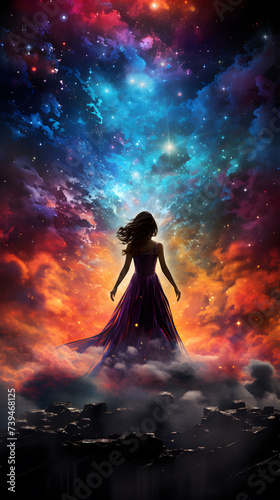 silhouette of a girl wearing an elegant dress against a backdrop of mesmerizing cosmic clouds Generative AI