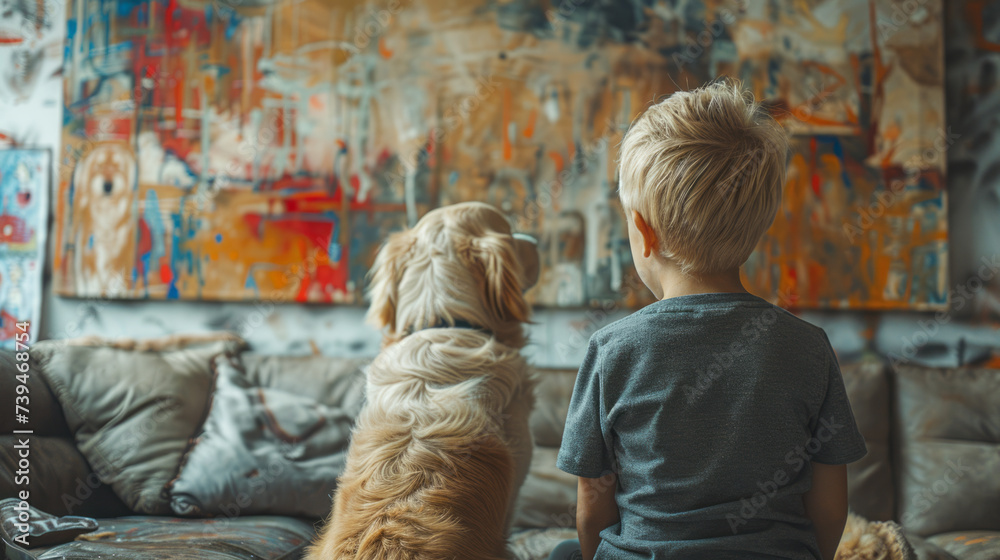 Boy and his dog looking at a wall full of children's doodles and paintings. Messy living room. Concept of children's creativity and mischief of kids and pets ,generative ai Boy and his dog looking at a wall full of children's doodles and paintings. Messy living room. Concept of children's creativity and mischief of kids and pets ,generative ai