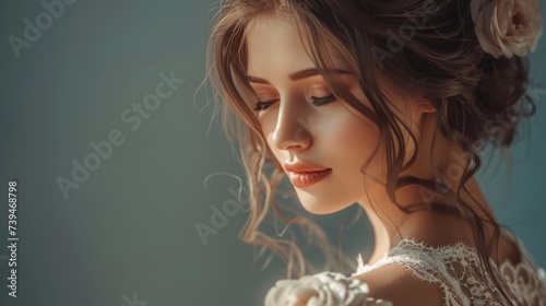 A bride in a delicate lace dress, gazing down with a serene expression, showcasing her elegant hairstyle and natural beauty.